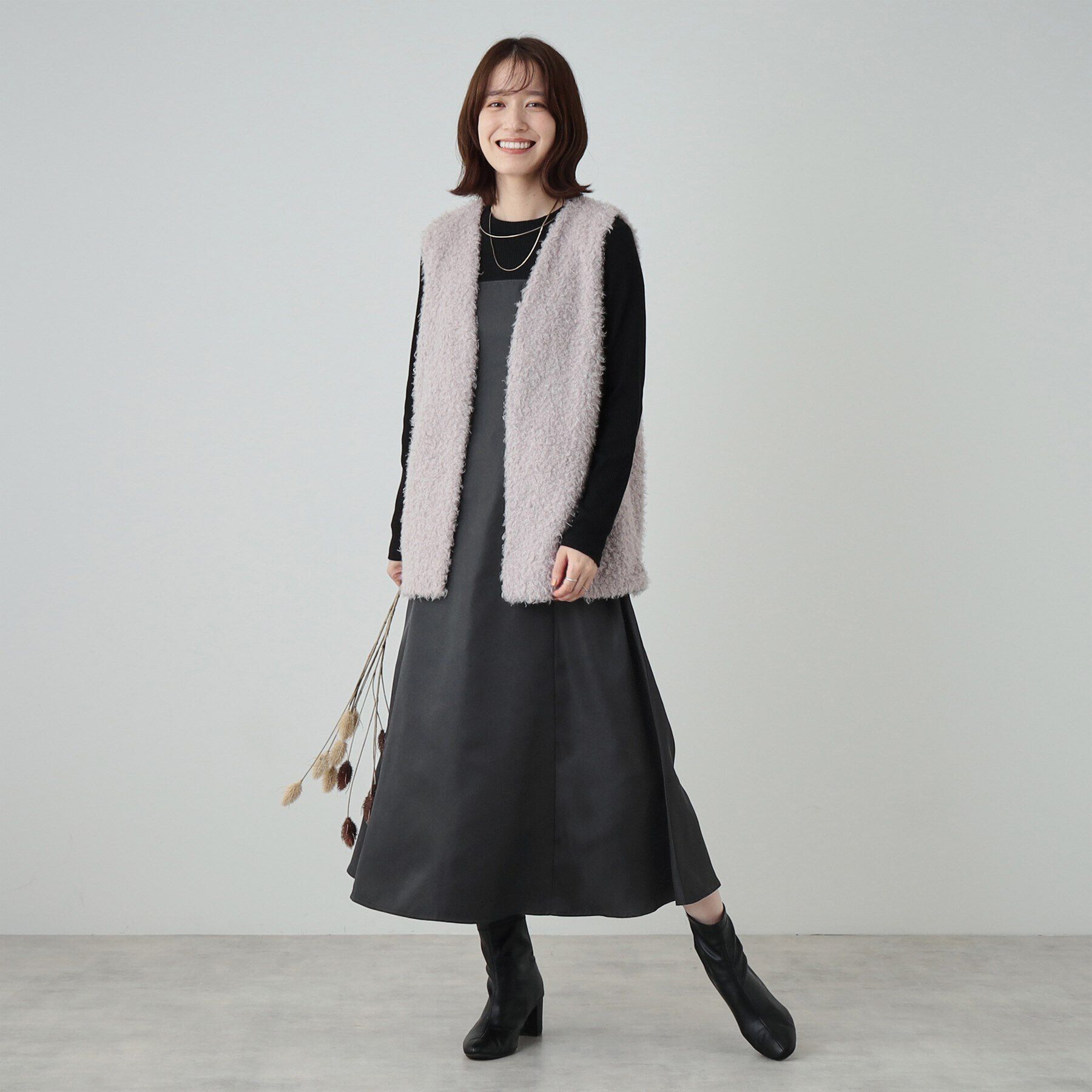 SHOO･LA･RUE「【S-LL】楽して好印象 大人のための 異素材ドッキングフレアワンピース」|ワンピース|