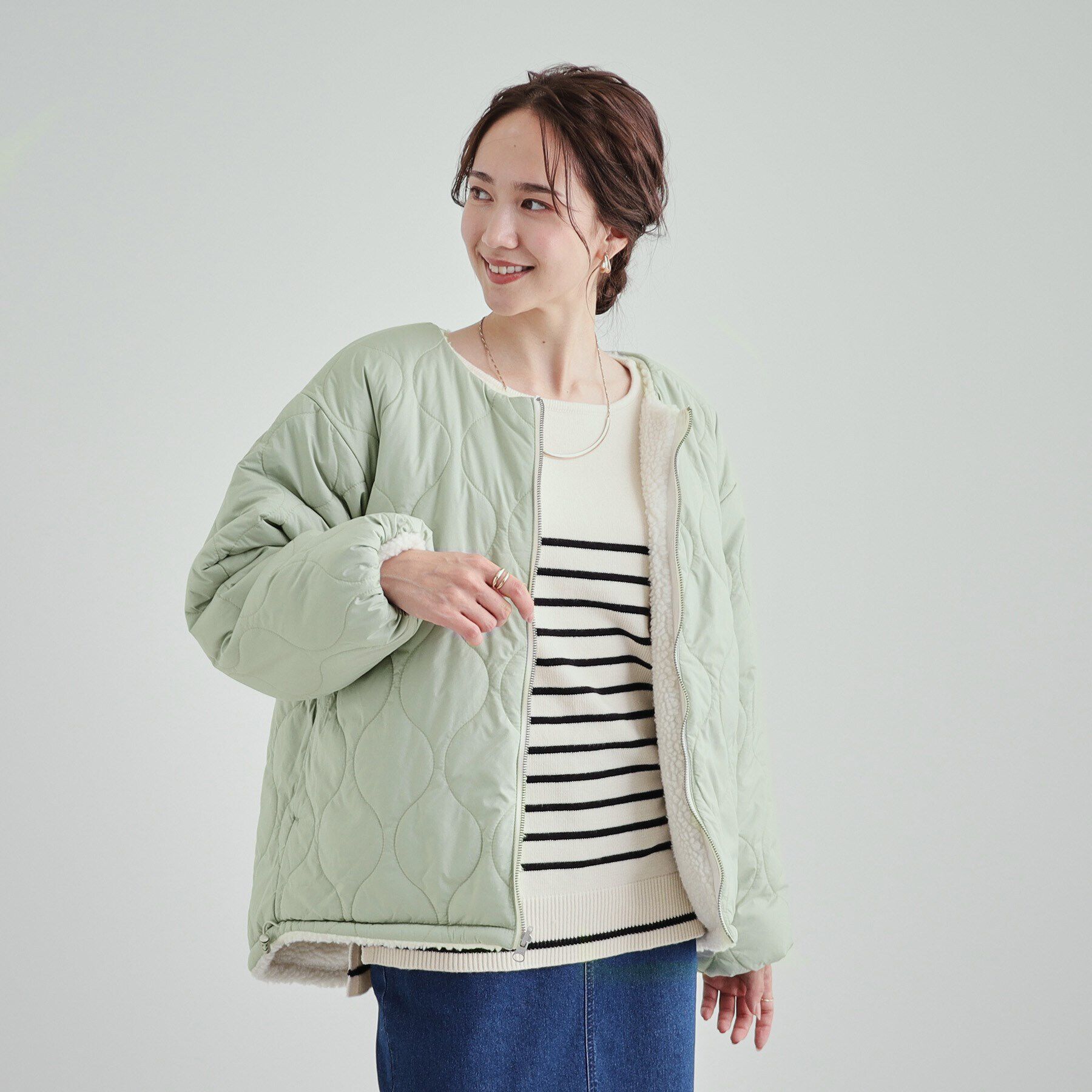 SHOO･LA･RUE「【S-LL/リバーシブル】首まわりすっきり ボア&times;キルト ノーカラーブルゾン」|ブルゾン・スタジャン|