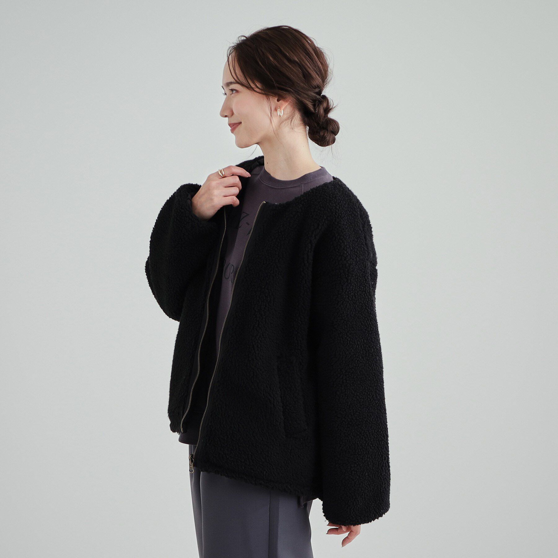 SHOO･LA･RUE「【S-LL/リバーシブル】首まわりすっきり ボア&times;キルト ノーカラーブルゾン」|ブルゾン・スタジャン|