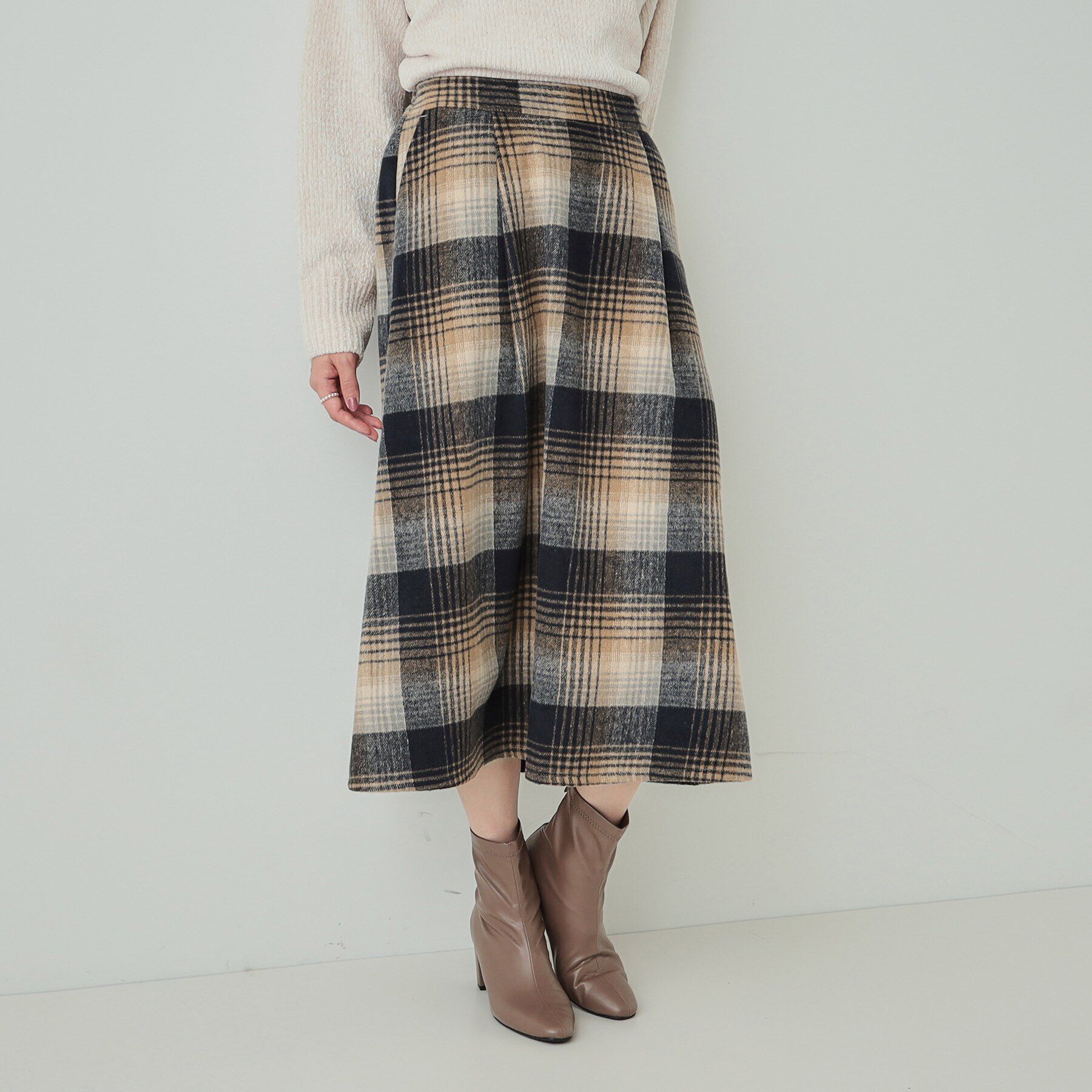 SHOO･LA･RUE「【S-LL】見た目もあったか シャギー調チェックフレアスカート」|スカート|