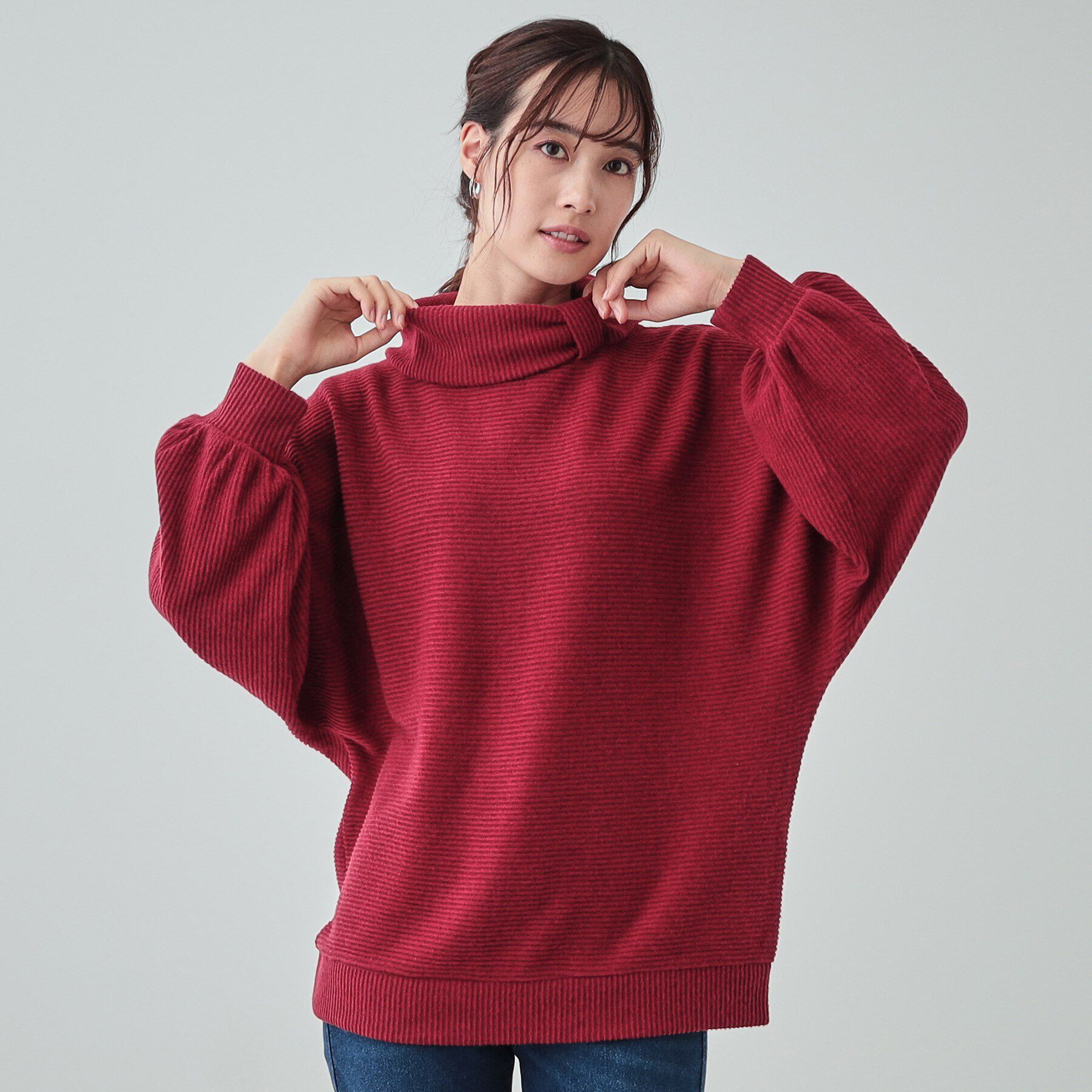 SHOO･LA･RUE「【体型カバー/インせず着られる】リボンタートル ドルマントップス」|Tシャツ・カットソー|ボルドー(064)