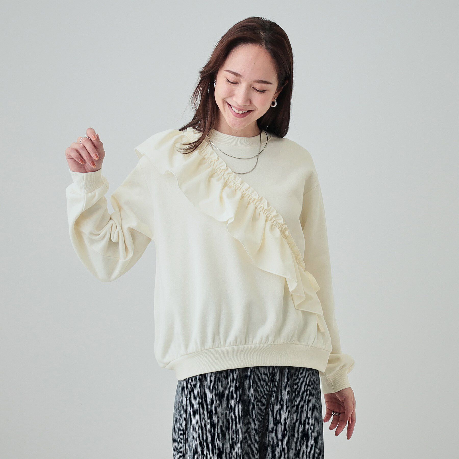 SHOO･LA･RUE「【S-LL】アシメフリル裏起毛スウェット」|パーカー|