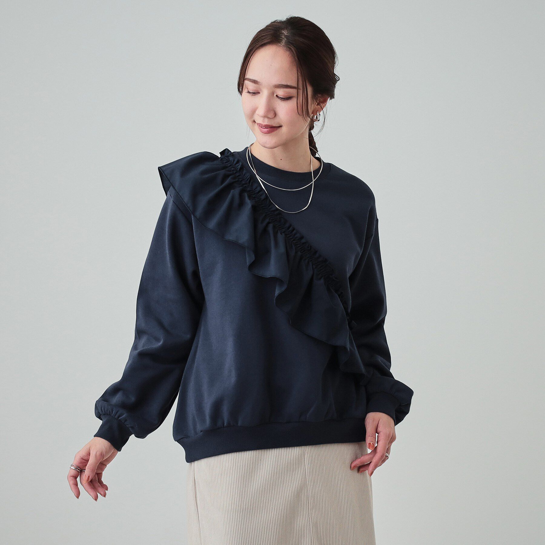 SHOO･LA･RUE「【S-LL】アシメフリル裏起毛スウェット」|パーカー|