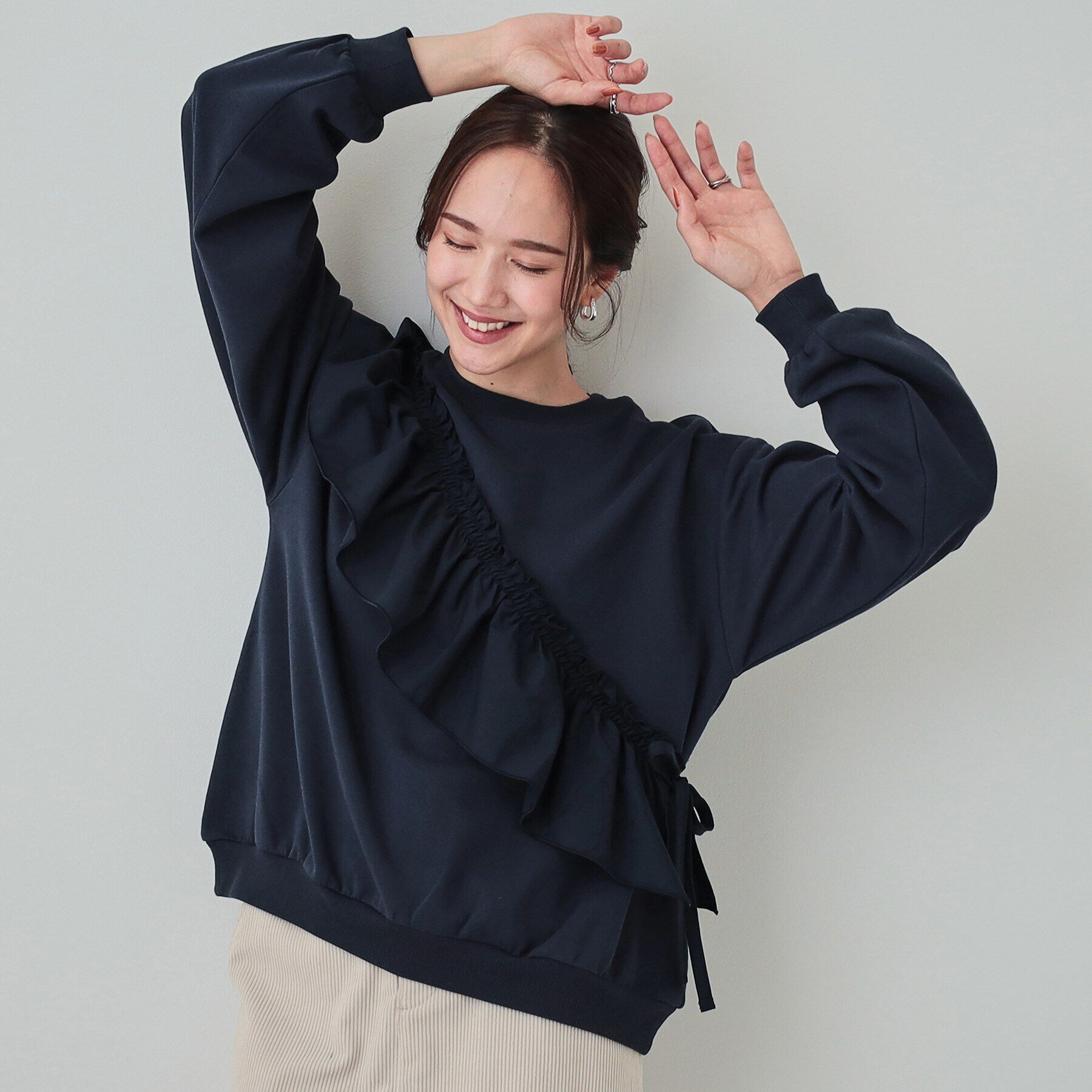 SHOO･LA･RUE「【S-LL】アシメフリル裏起毛スウェット」|パーカー|ネイビー(094)