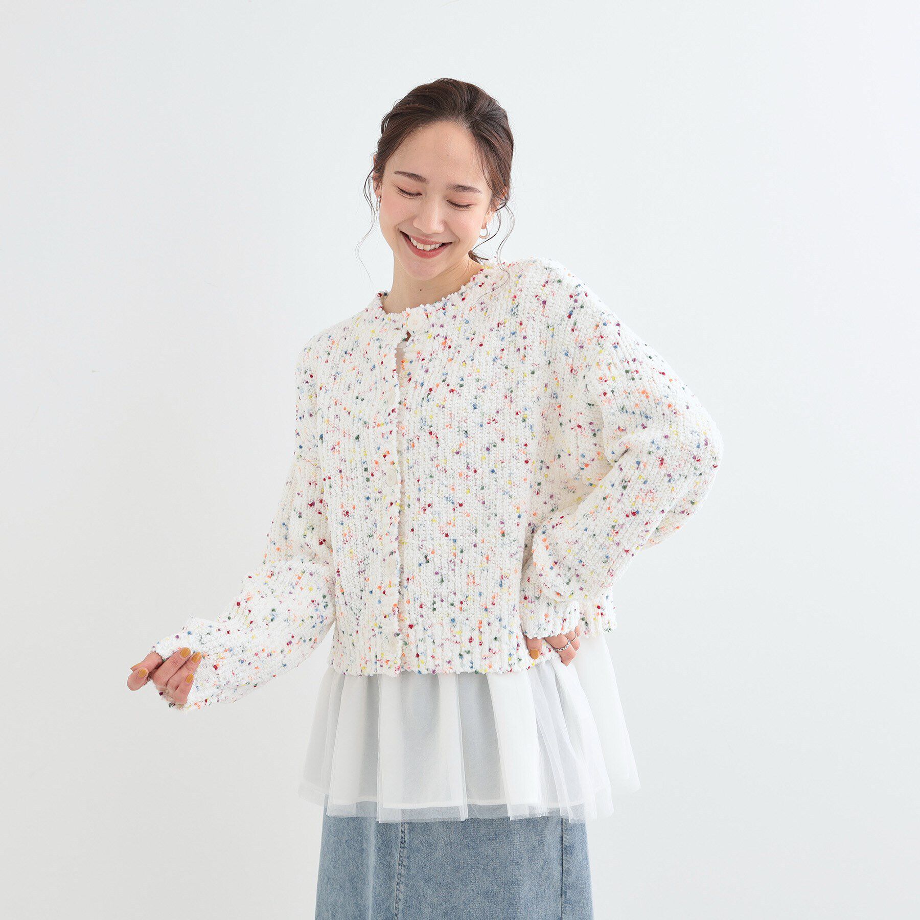 SHOO･LA･RUE「【前後2WAY/コンパクト丈】ぽこぽこ MIXニットカーディガン」|カーディガン|