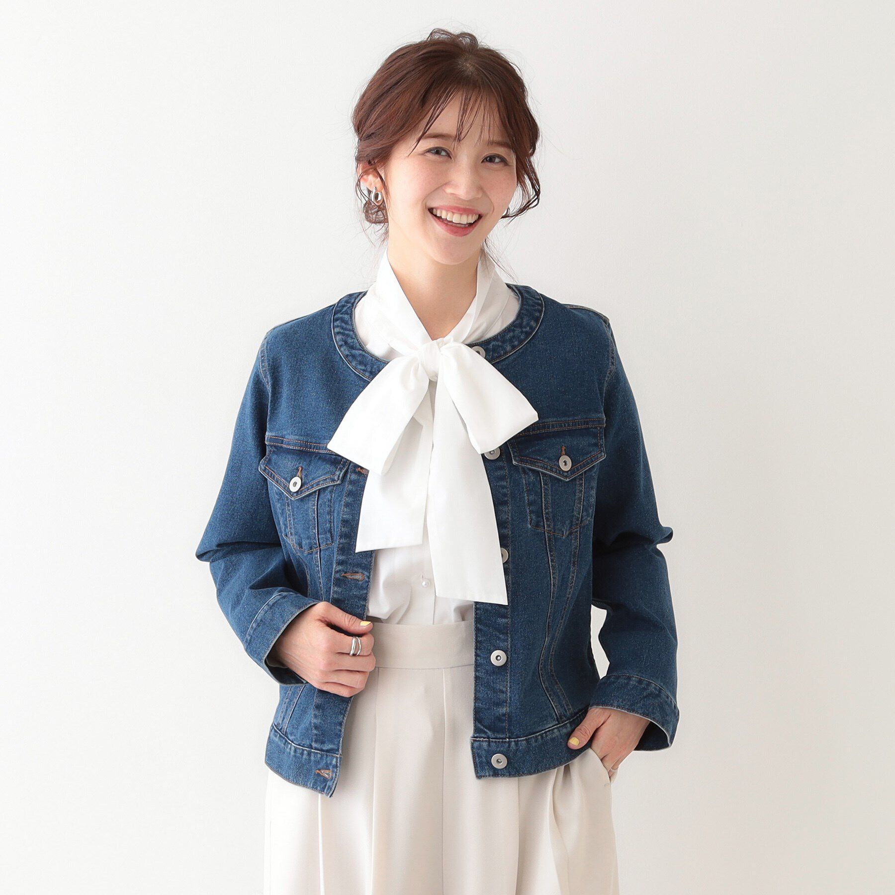 SHOO･LA･RUE「【S-LL】大人のための ノーカラーデニムジャケット」|デニムジャケット|