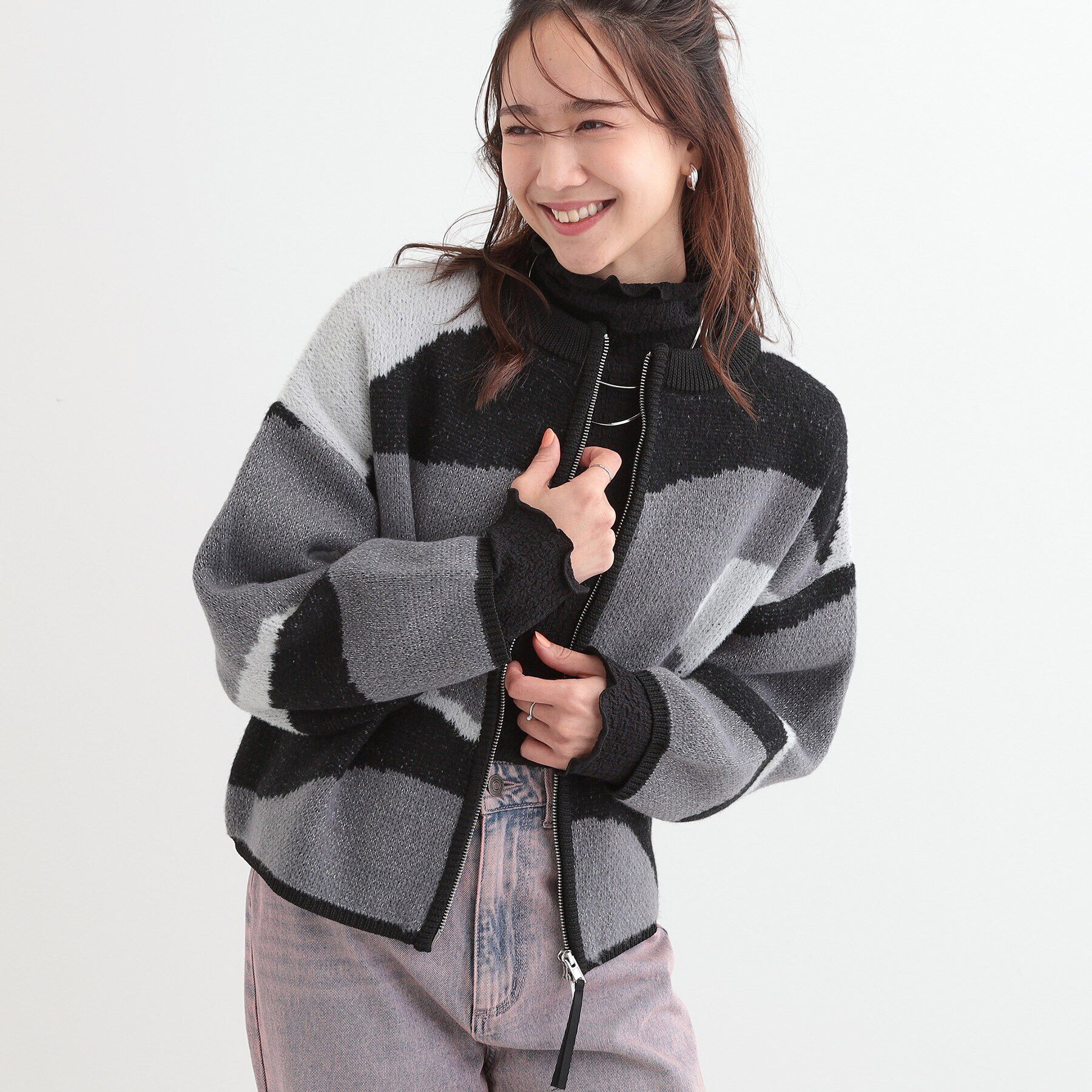 SHOO･LA･RUE「選べる3柄 ダブルZIPカーディガン」|カーディガン|ブラック(519)