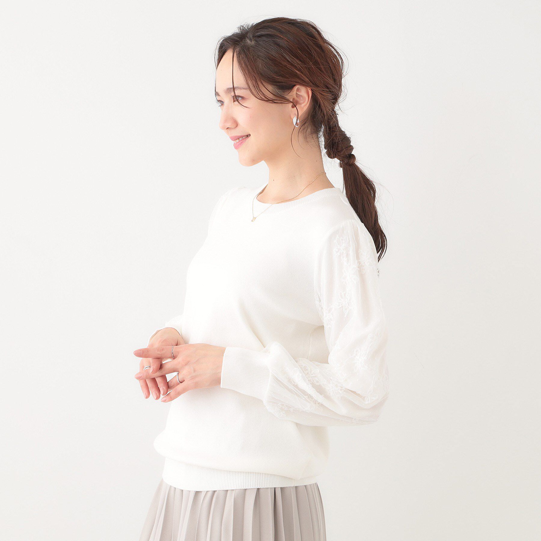 SHOO･LA･RUE「【S-LL】1枚で華やかになる お袖レースドッキングニット」|ニット・セーター|