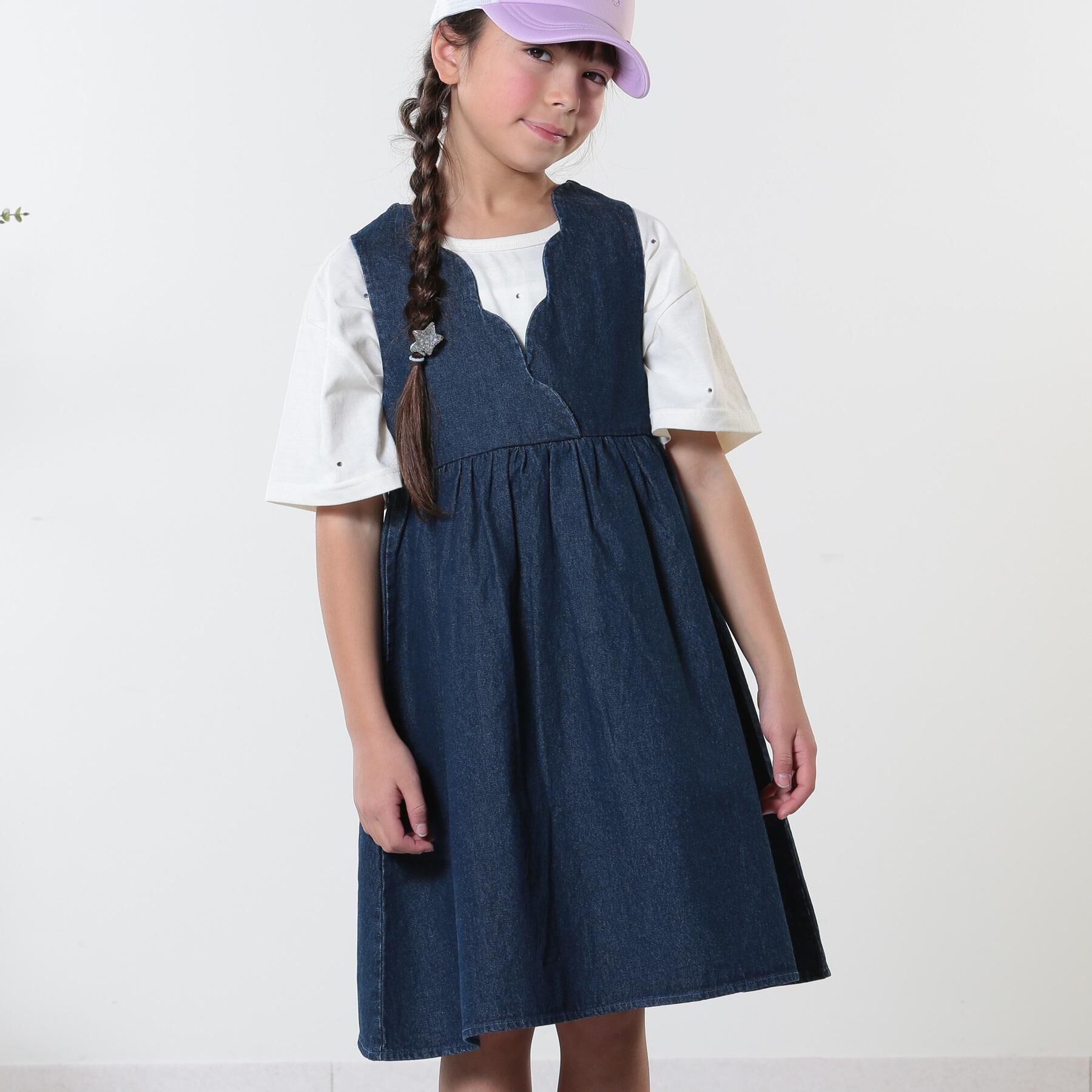 SHOO･LA･RUE「【洗える/100-150cm】スカラップ使いがキュートな デニムジャンドレ」|ワンピース|ブルー(093)