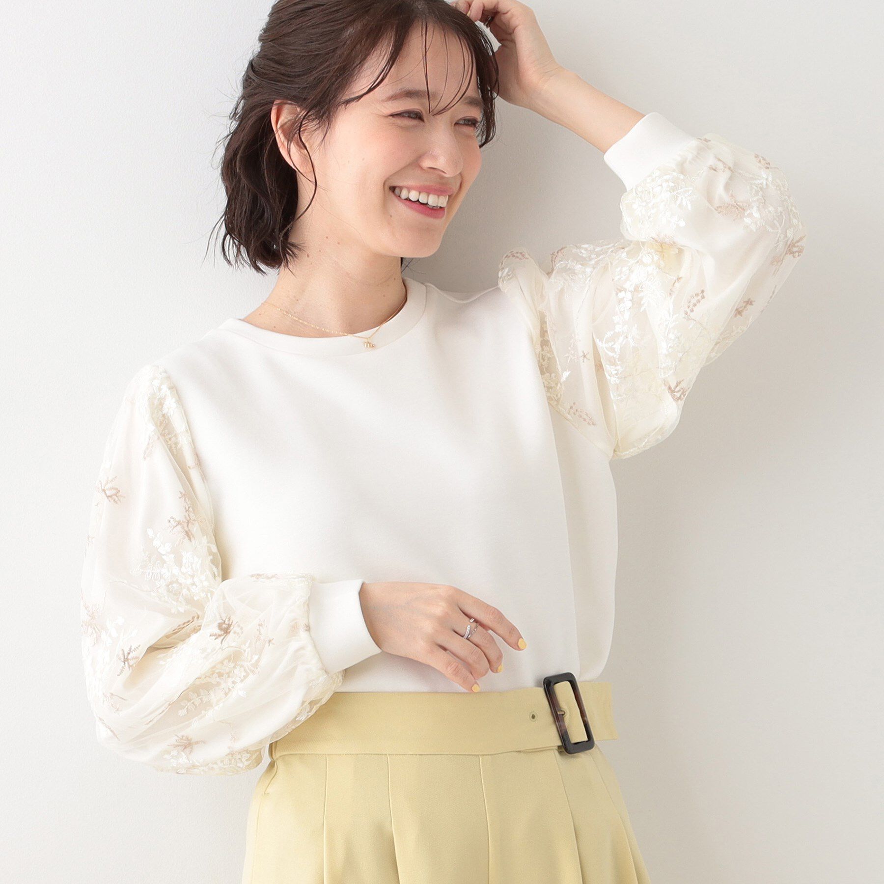 SHOO･LA･RUE「大人上品 お袖チュール刺繍 切替トップス」|Tシャツ・カットソー|アイボリー(004)