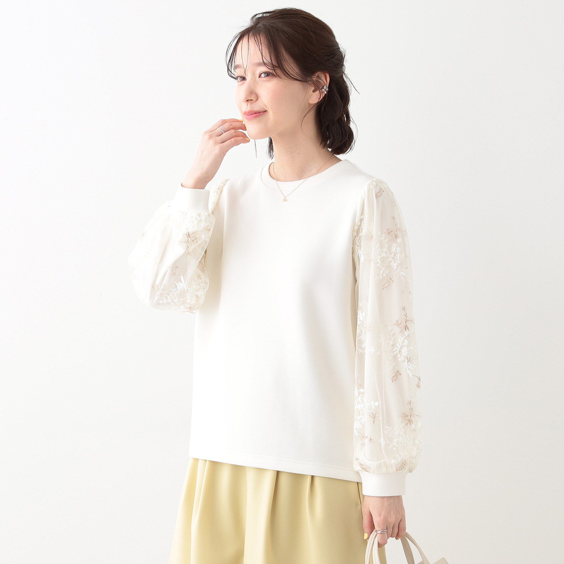 SHOO･LA･RUE「大人上品 お袖チュール刺繍 切替トップス」|Tシャツ・カットソー|