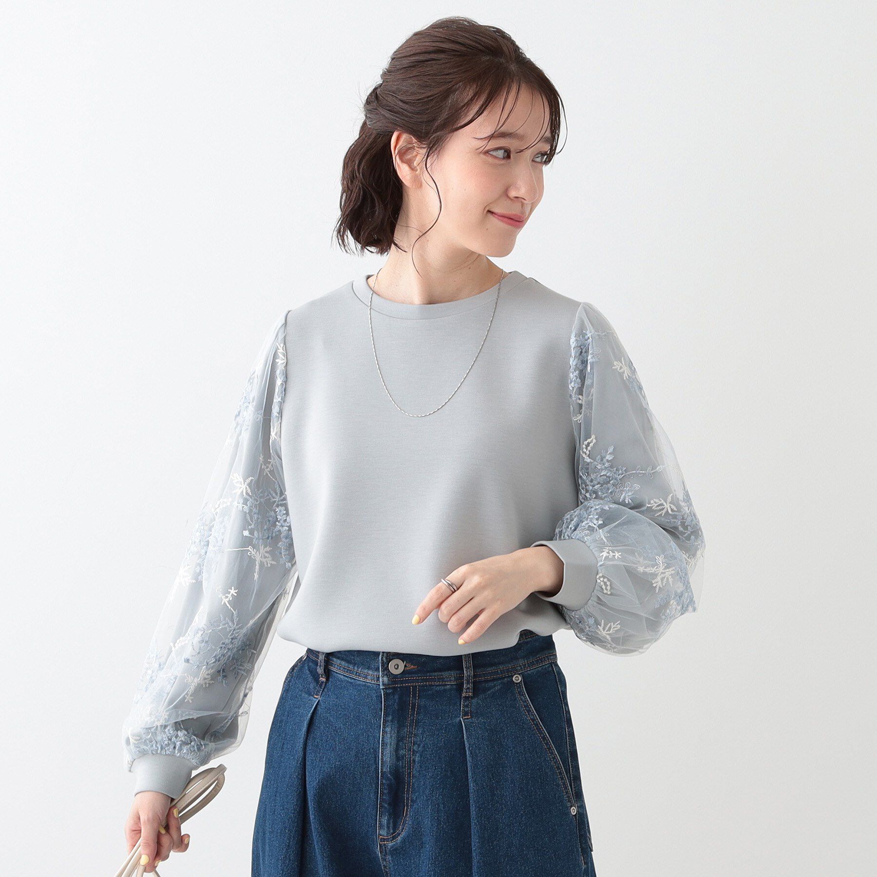 SHOO･LA･RUE「大人上品 お袖チュール刺繍 切替トップス」|Tシャツ・カットソー|