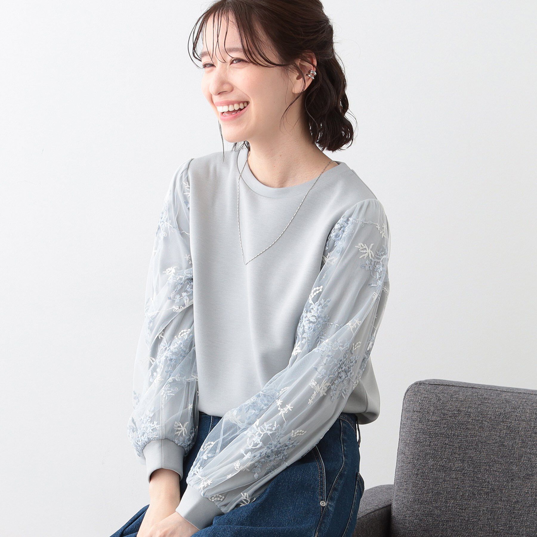 SHOO･LA･RUE「大人上品 お袖チュール刺繍 切替トップス」|Tシャツ・カットソー|サックスブルー(09