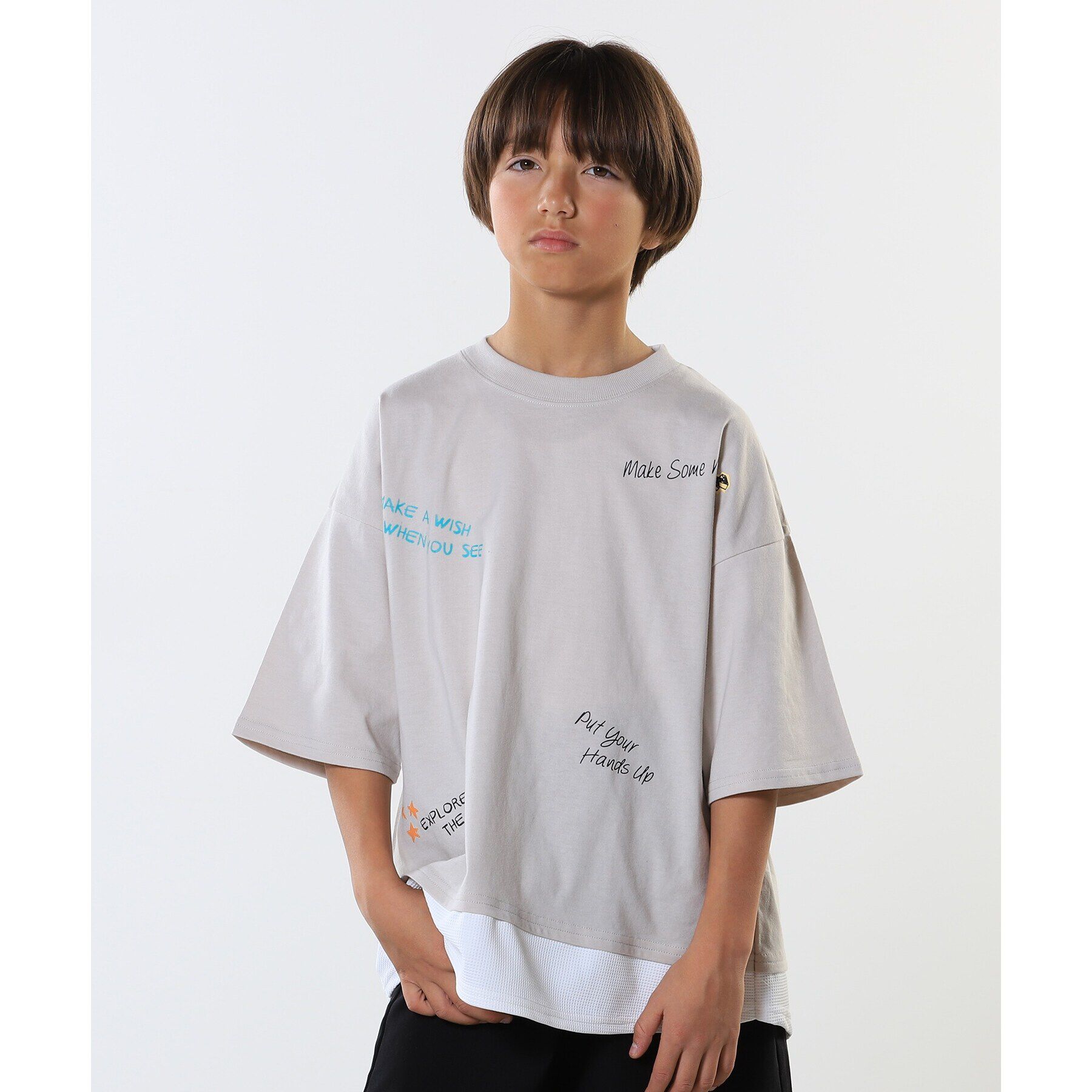 SHOO･LA･RUE「【100-150cm】アソートプリント裾レイヤード五分袖Tシャツ」|Tシャツ・カットソー|グレージュ(050)