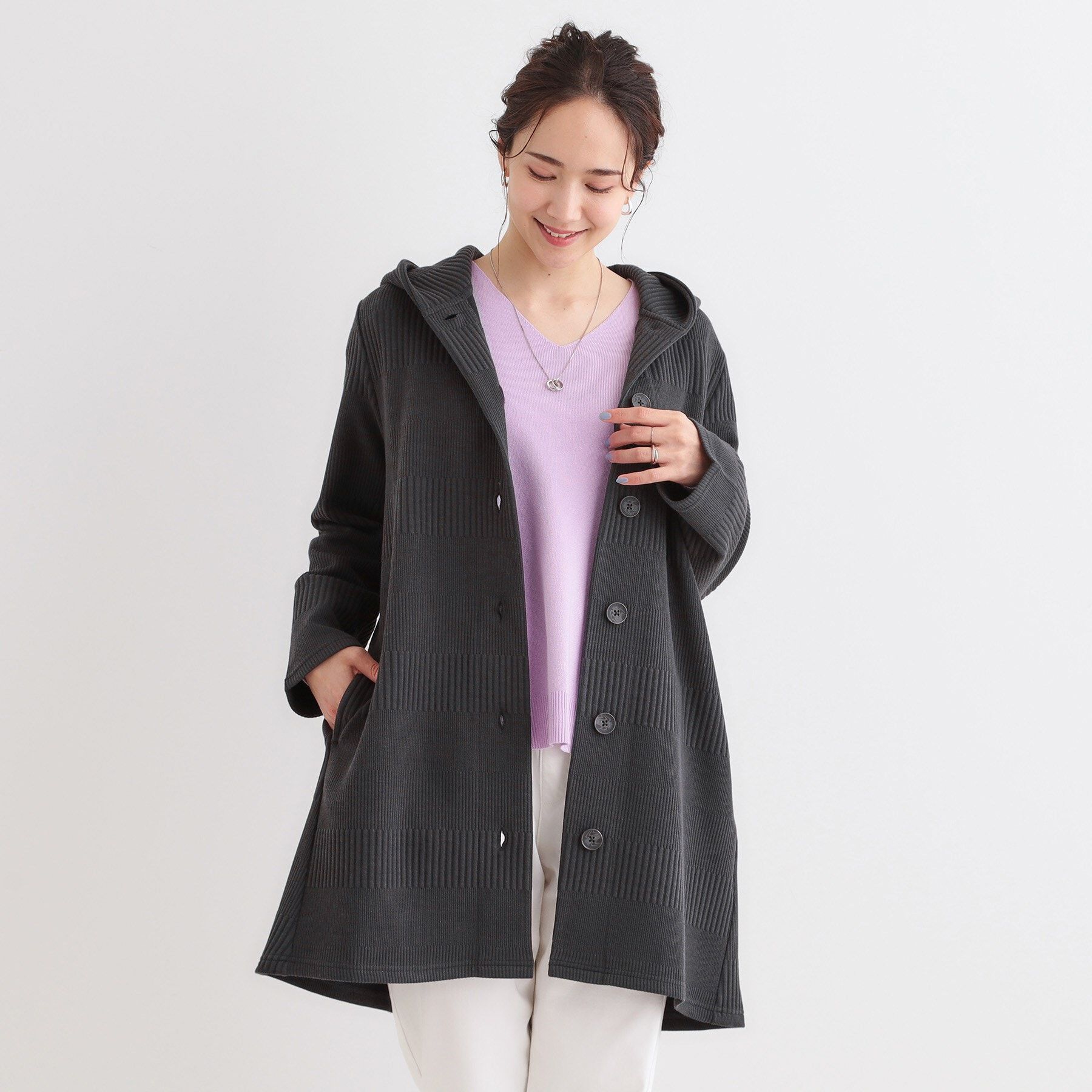 SHOO･LA･RUE「【S-LL】体型をカバーしながらスマートに魅せる ラインジャカードコーディガン」|カーディガン|