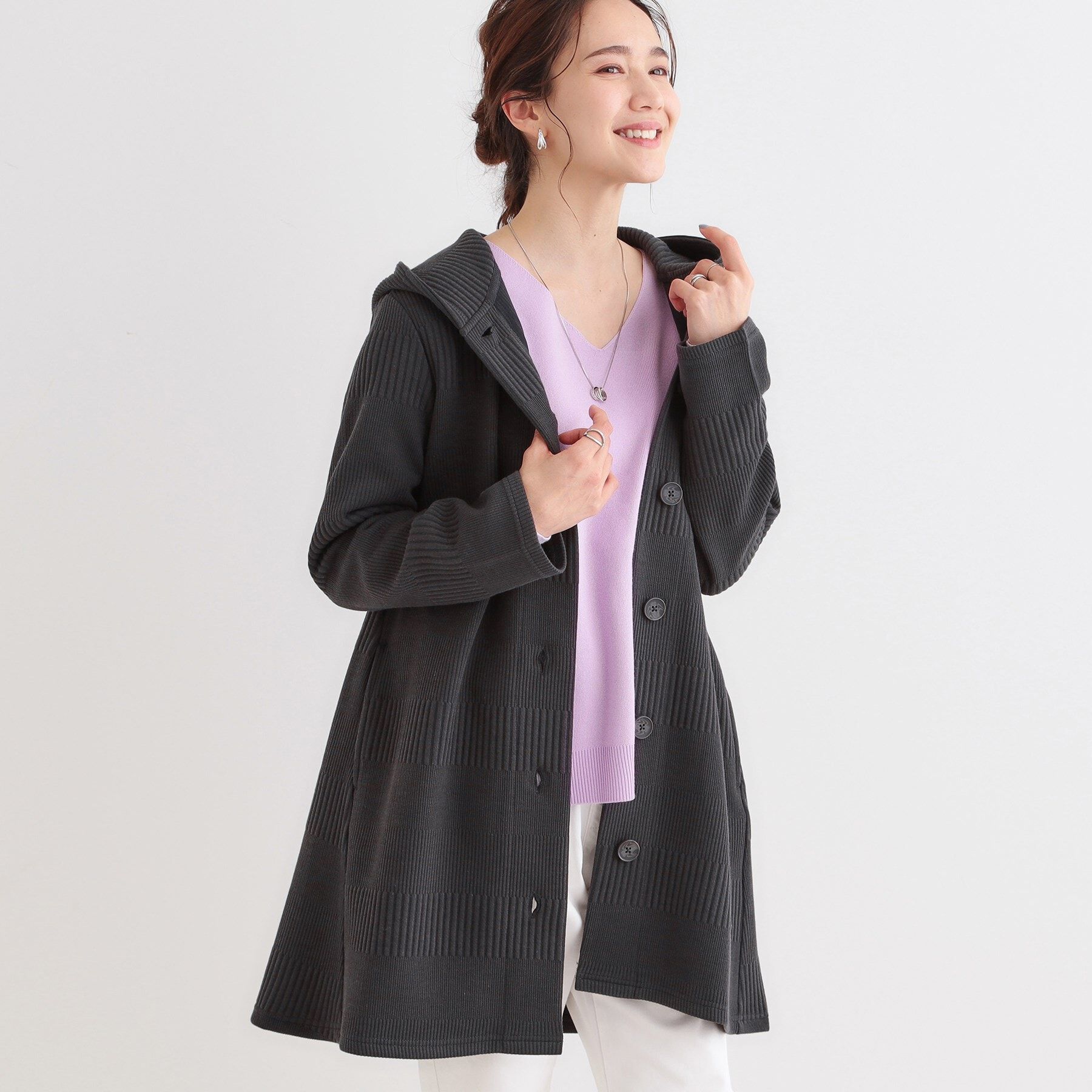 SHOO･LA･RUE「【S-LL】体型をカバーしながらスマートに魅せる ラインジャカードコーディガン」|カーディガン|スミクロ(018)