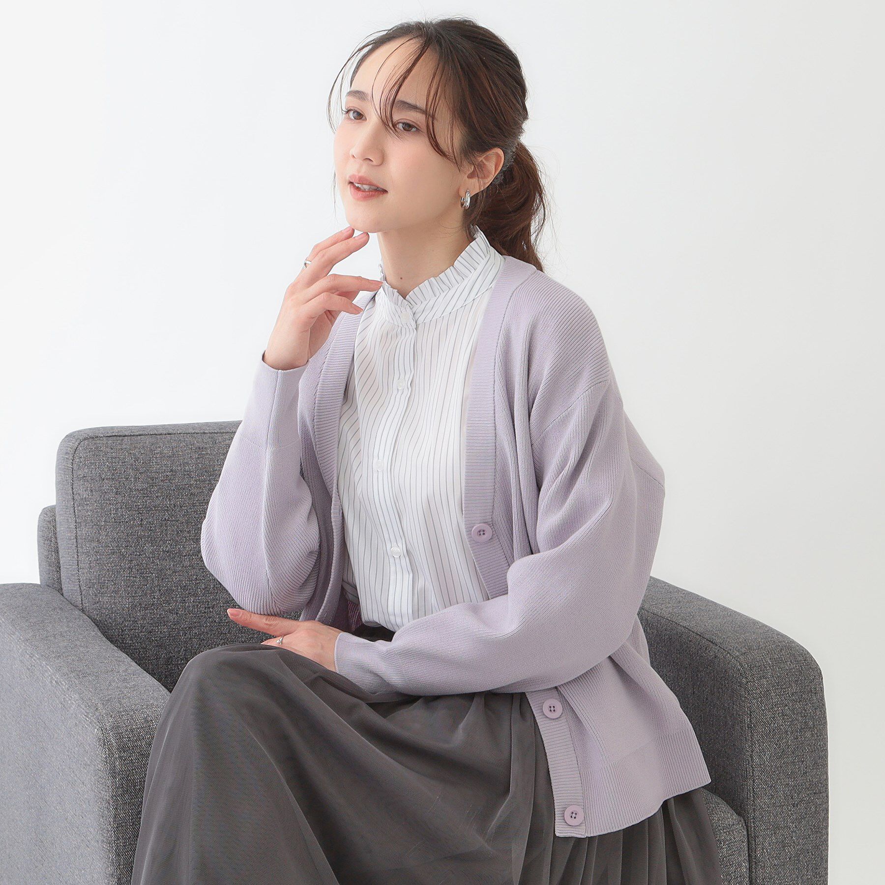 SHOO･LA･RUE「【洗える/S-LL】ドライタッチが心地よい 畦編みVネックカーディガン」|カーディガン|