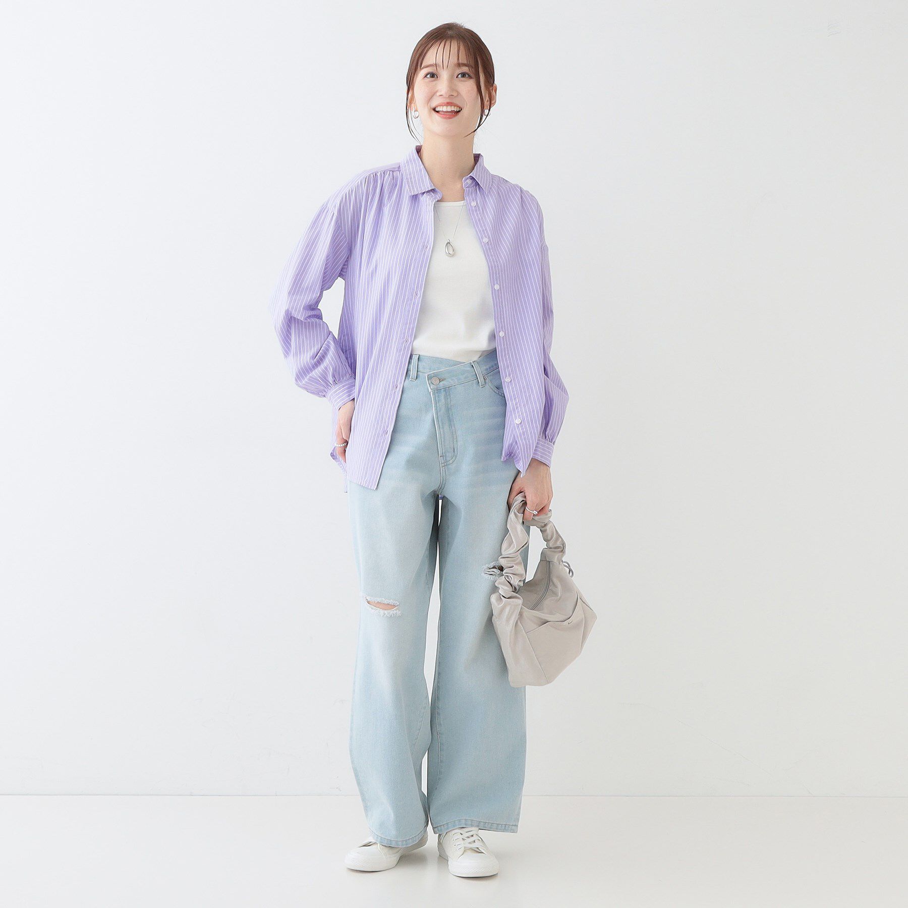 SHOO･LA･RUE「【洗える】バックギャザーがポイント 綿ワッシャー前開きシャツ」|シャツ・ブラウス|