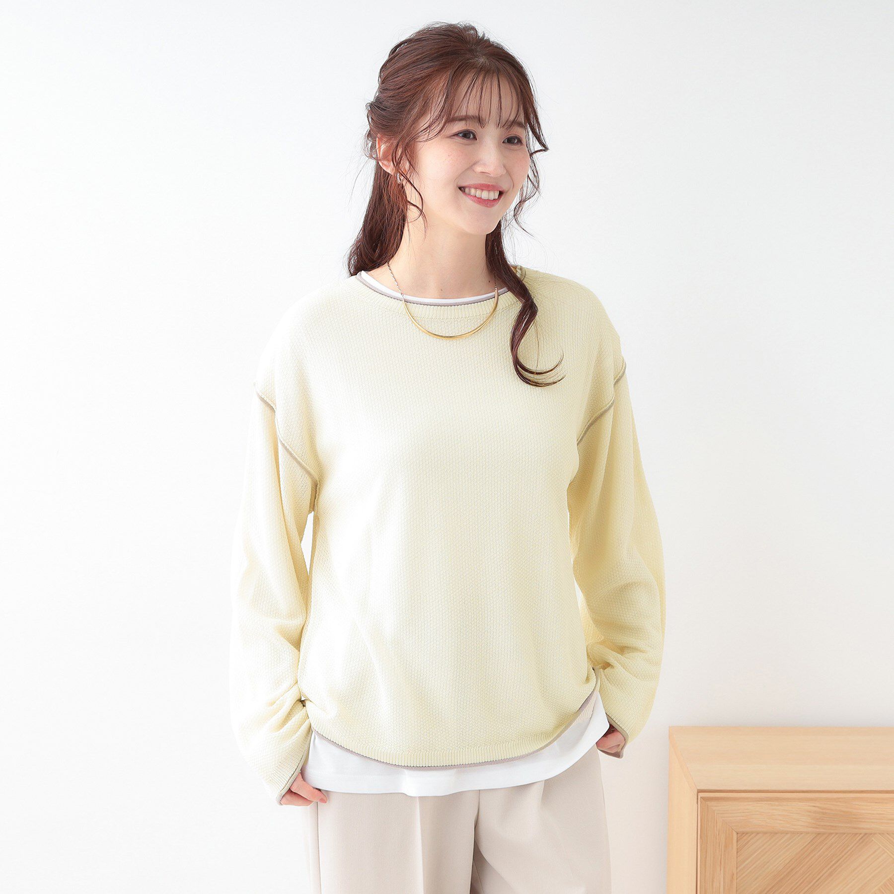 SHOO･LA･RUE「【S-LL/2枚セット】シアー感も楽しめる 光沢カノコ編み配色ニット+ロンT」|ニット・セーター|