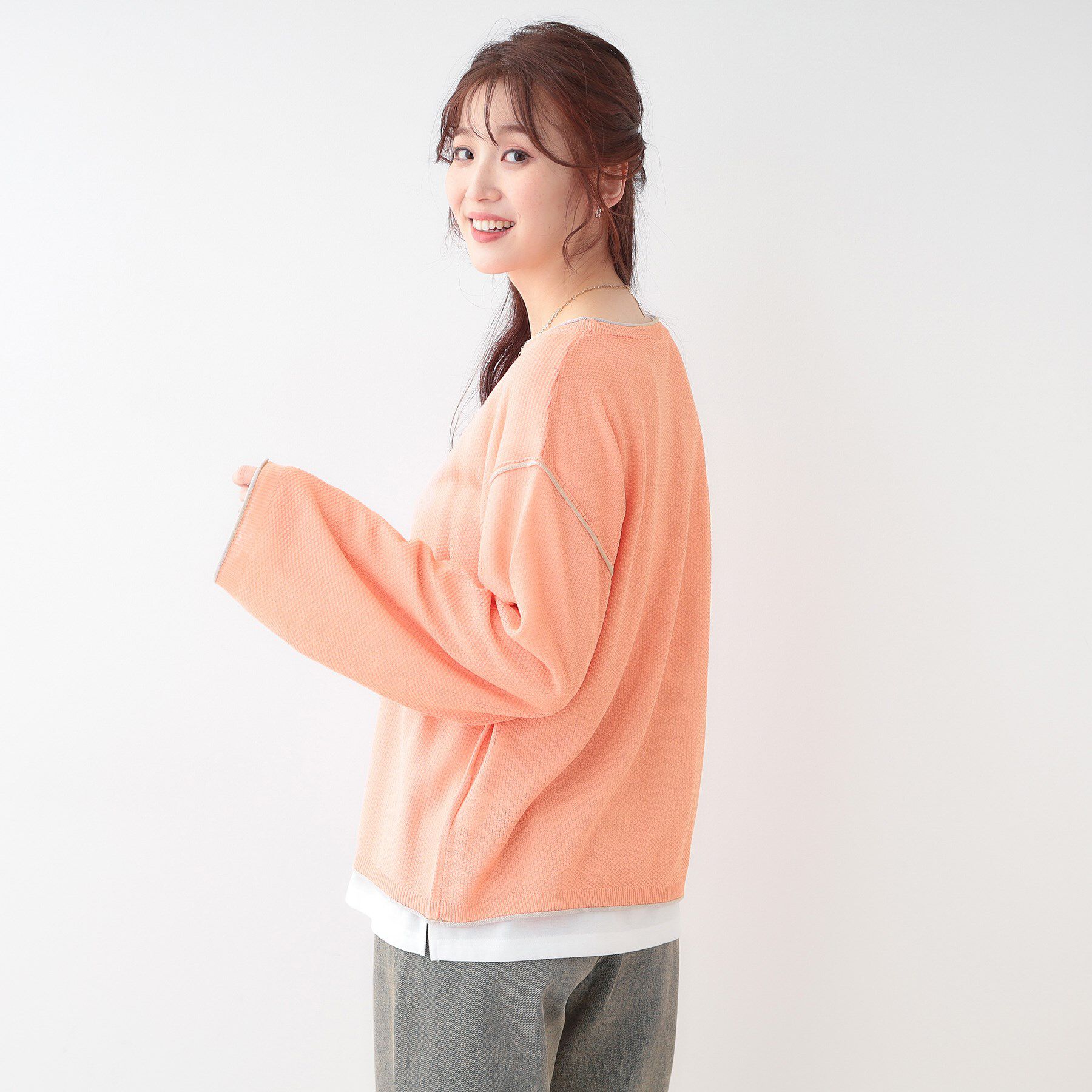 SHOO･LA･RUE「【S-LL/2枚セット】シアー感も楽しめる 光沢カノコ編み配色ニット+ロンT」|ニット・セーター|