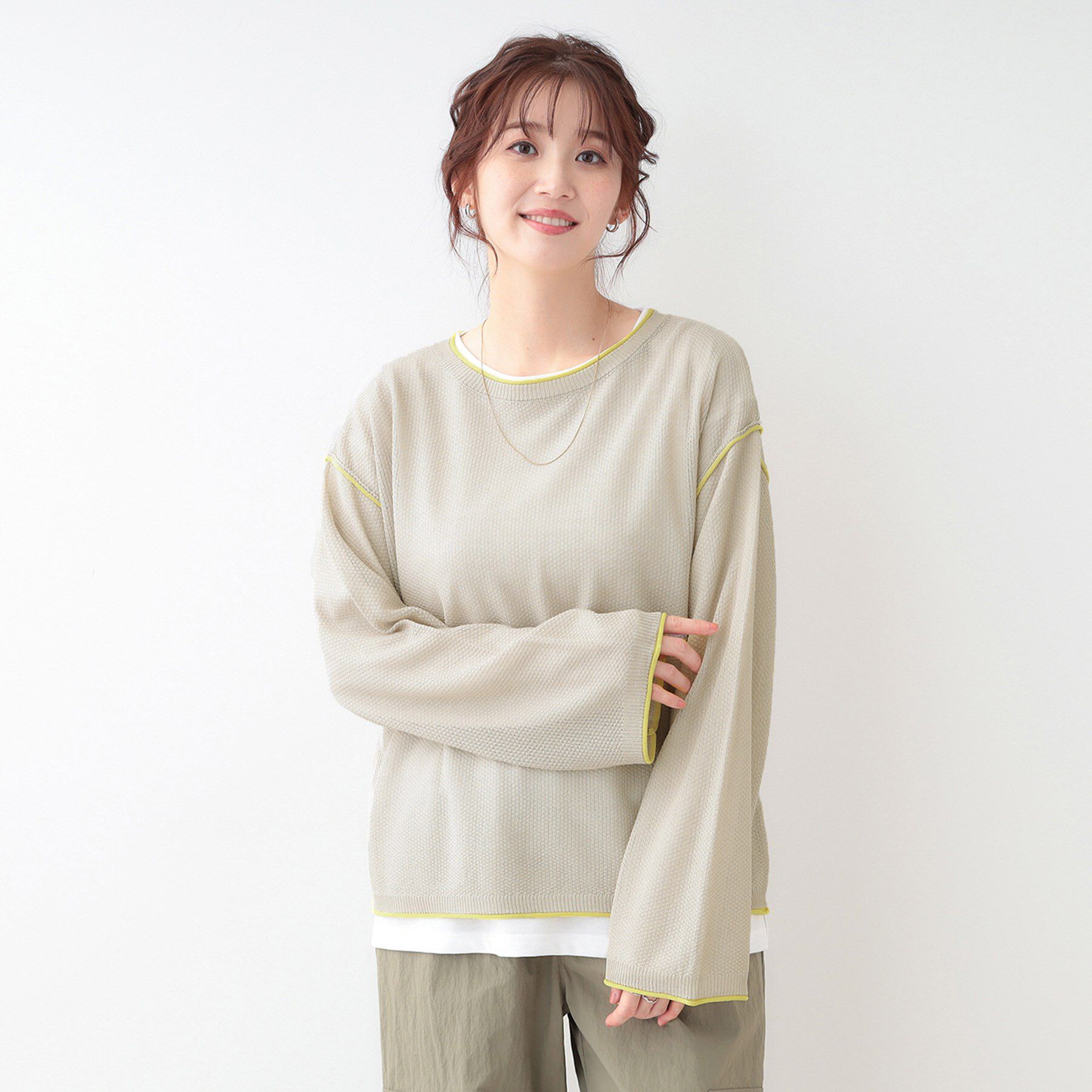 SHOO･LA･RUE「【S-LL/2枚セット】シアー感も楽しめる 光沢カノコ編み配色ニット+ロンT」|ニット・セーター|