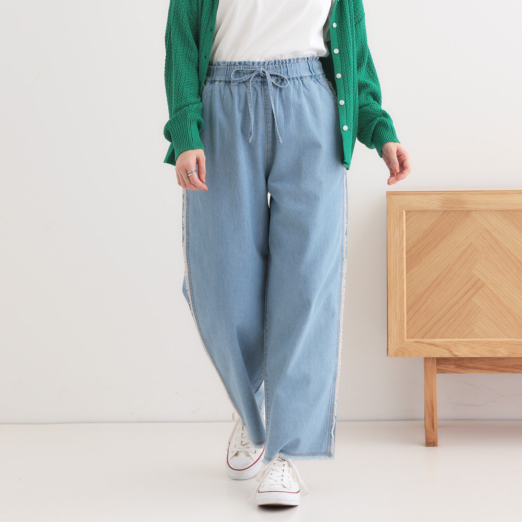 SHOO･LA･RUE「【S-LL】フリンジイージーデニムパンツ」|デニム|