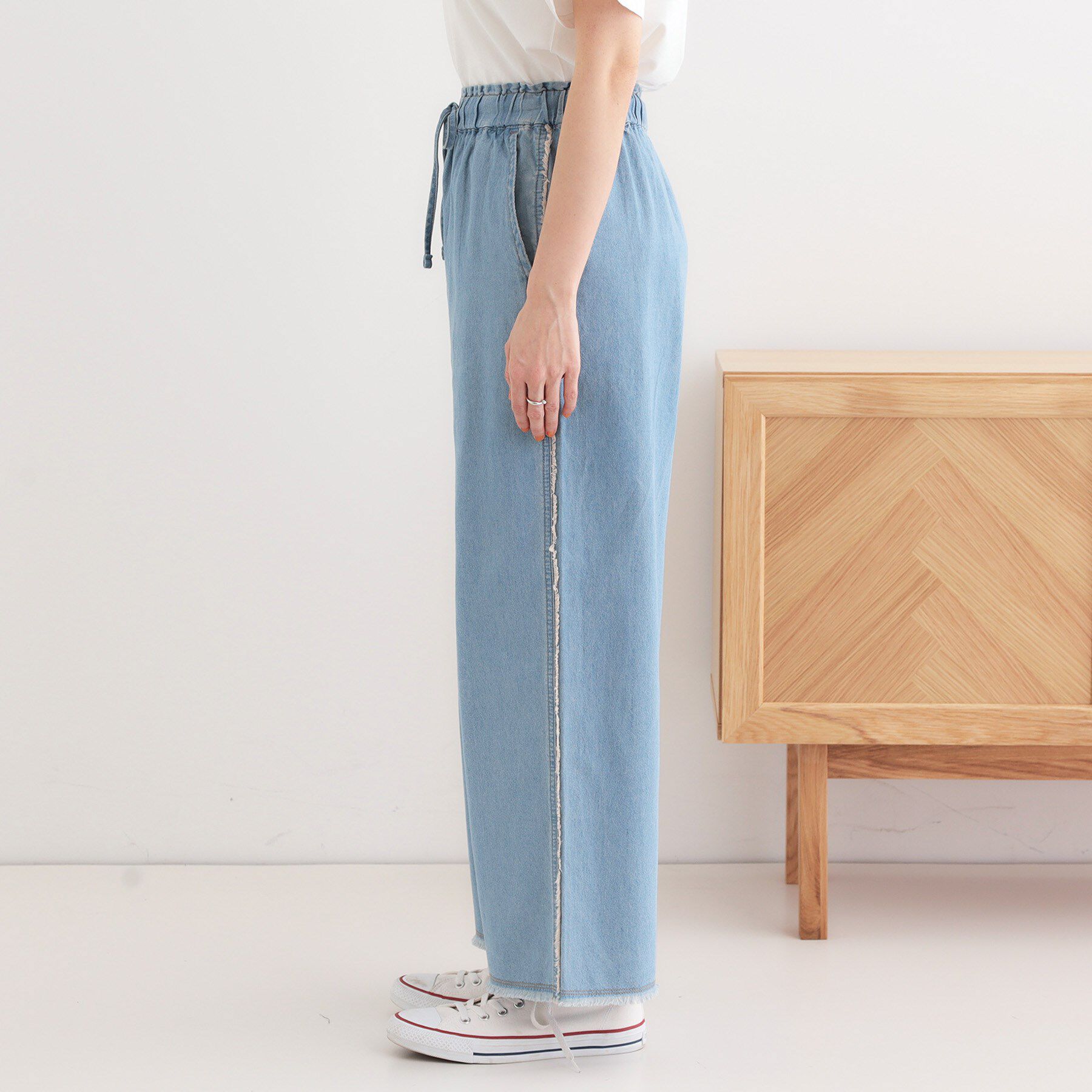 SHOO･LA･RUE「【S-LL】フリンジイージーデニムパンツ」|デニム|