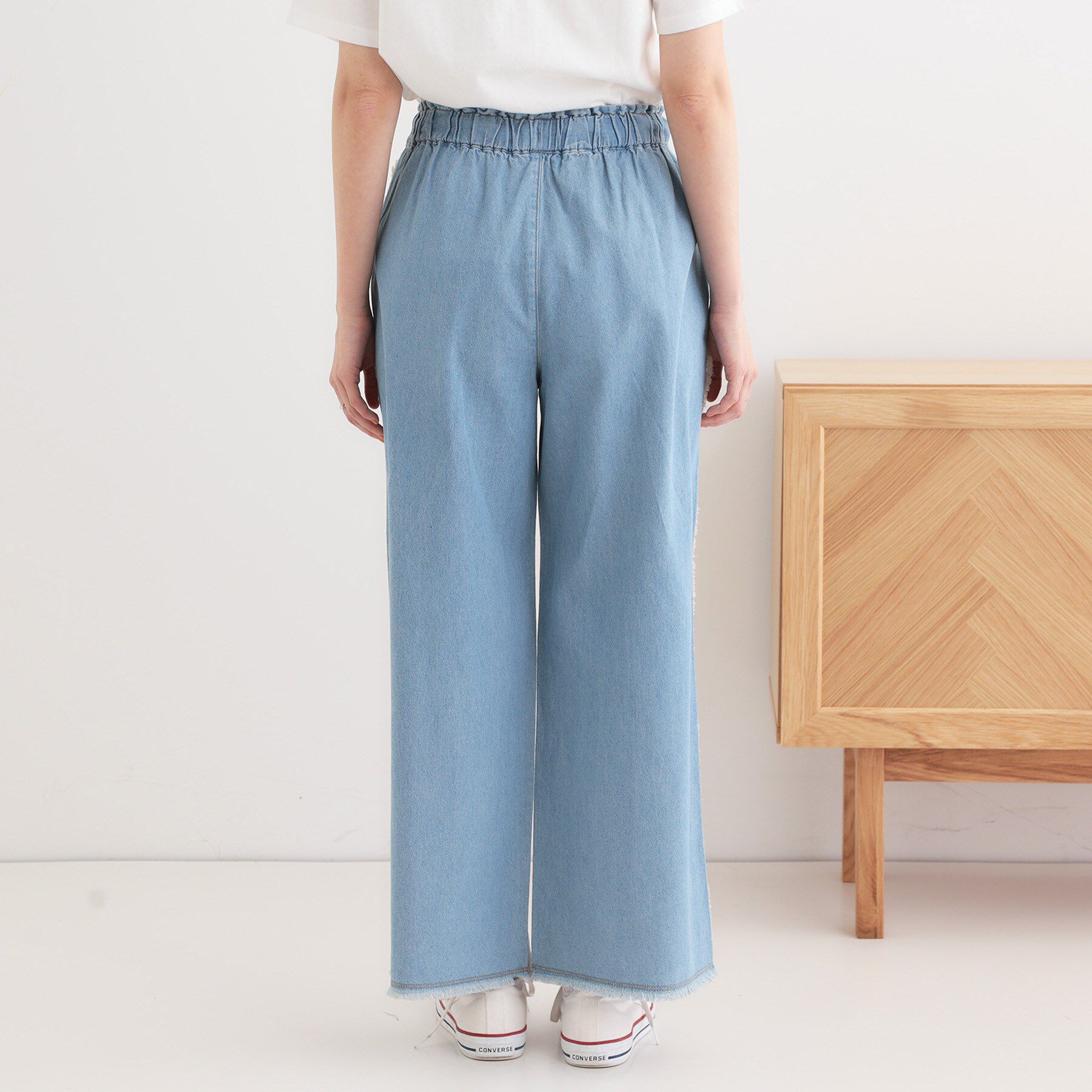 SHOO･LA･RUE「【S-LL】フリンジイージーデニムパンツ」|デニム|