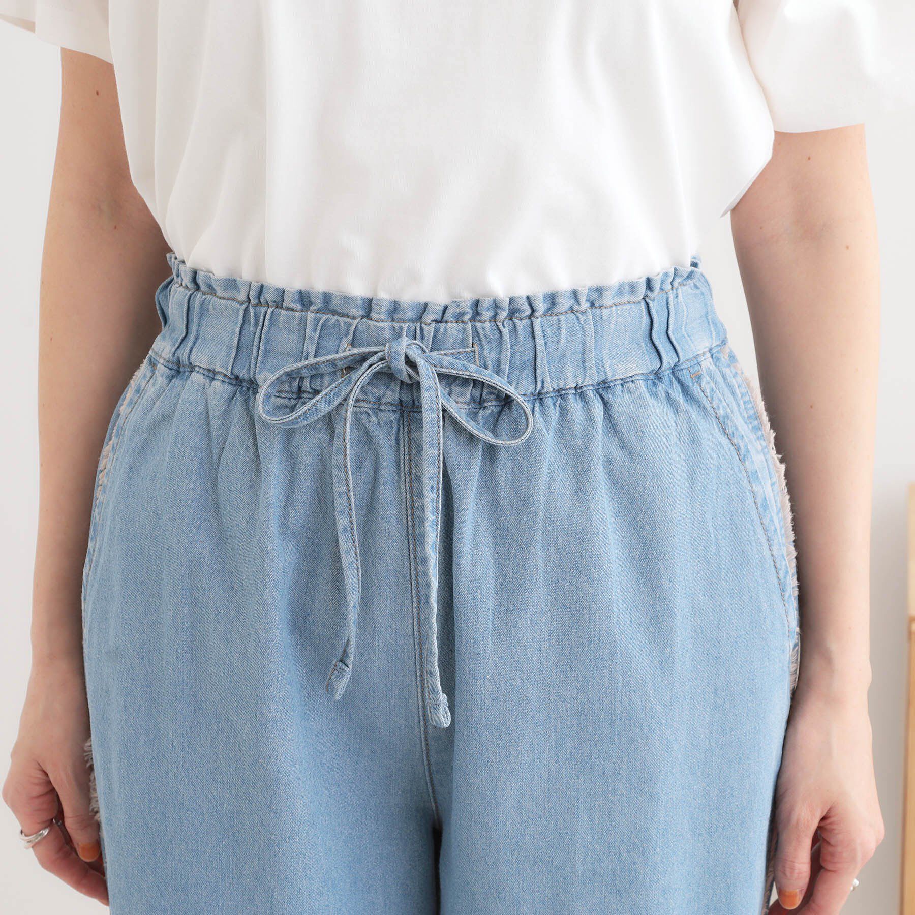 SHOO･LA･RUE「【S-LL】フリンジイージーデニムパンツ」|デニム|