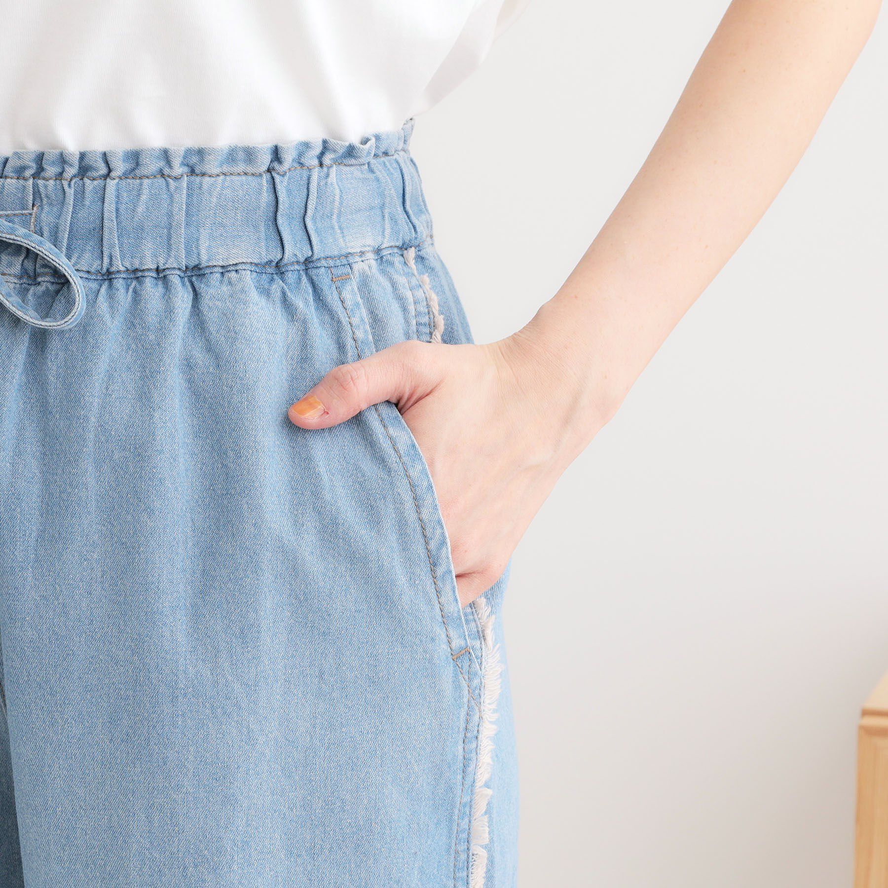 SHOO･LA･RUE「【S-LL】フリンジイージーデニムパンツ」|デニム|