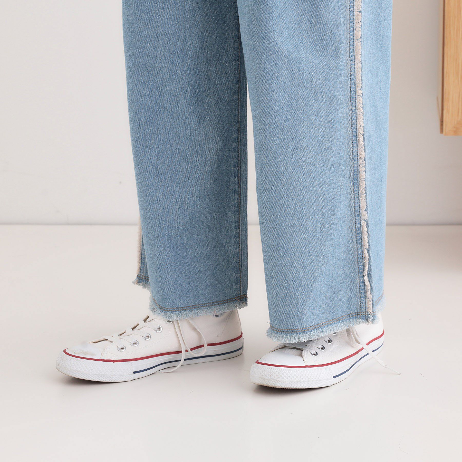 SHOO･LA･RUE「【S-LL】フリンジイージーデニムパンツ」|デニム|