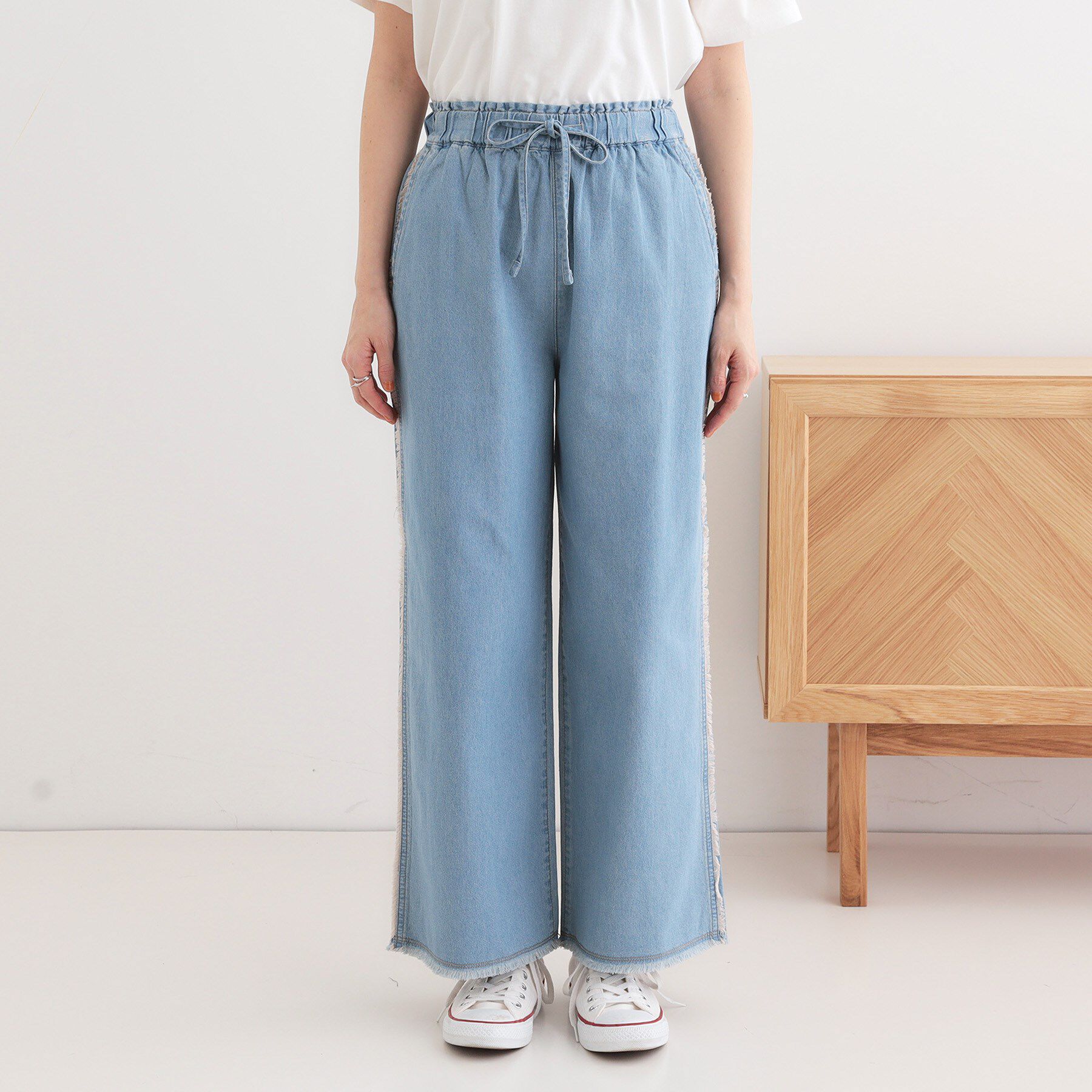 SHOO･LA･RUE「【S-LL】フリンジイージーデニムパンツ」|デニム|