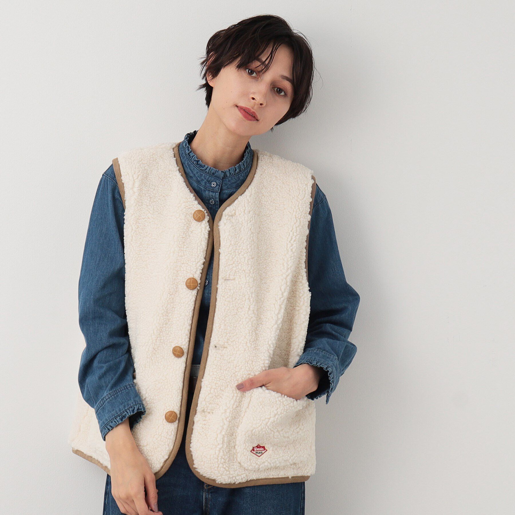 Dessin「【ユニセックス】ボタン付きボアベスト」|ベスト・ジレ|アイボリー(004)