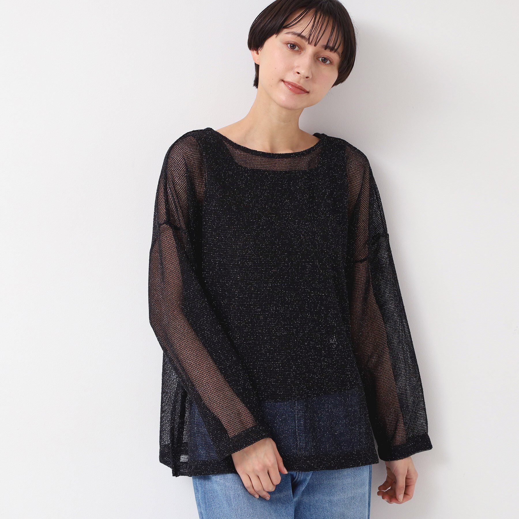 Dessin「【前後2WAY・洗える】ラメ入りオーバーサイズメッシュブラウス」|シャツ・ブラウス|ブラック(019)