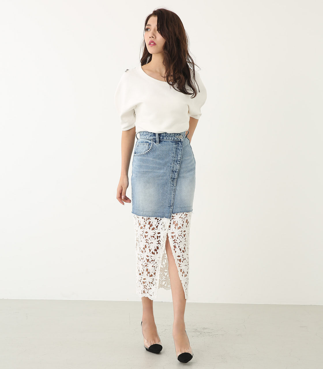  「ケミカルLaceコンビJ／W DENIM SK」|スカート|BLU