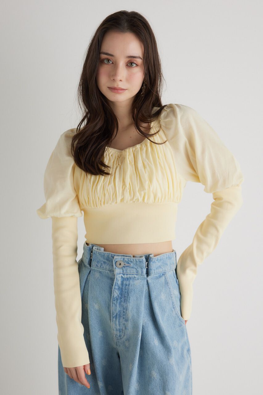 rienda「バストギャザークロップドKnit TOP」|ニット・セーター|L/YEL1