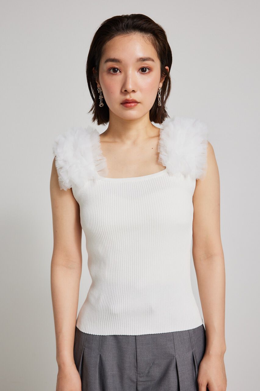 rienda「ショルダーチュールコンビKnit TOP」|タンクトップ|