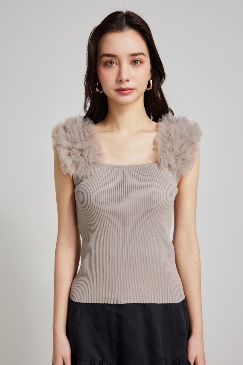 rienda「ショルダーチュールコンビKnit TOP」|タンクトップ|