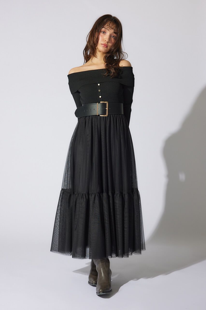 rienda「オフショルダーチュールドッキングワンピース」|ワンピース|BLK