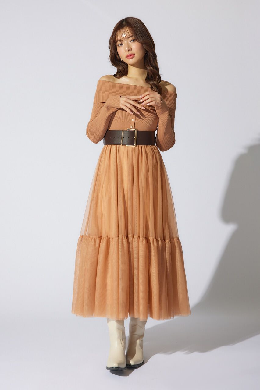 rienda「オフショルダーチュールドッキングワンピース」|ワンピース|L/BRN1