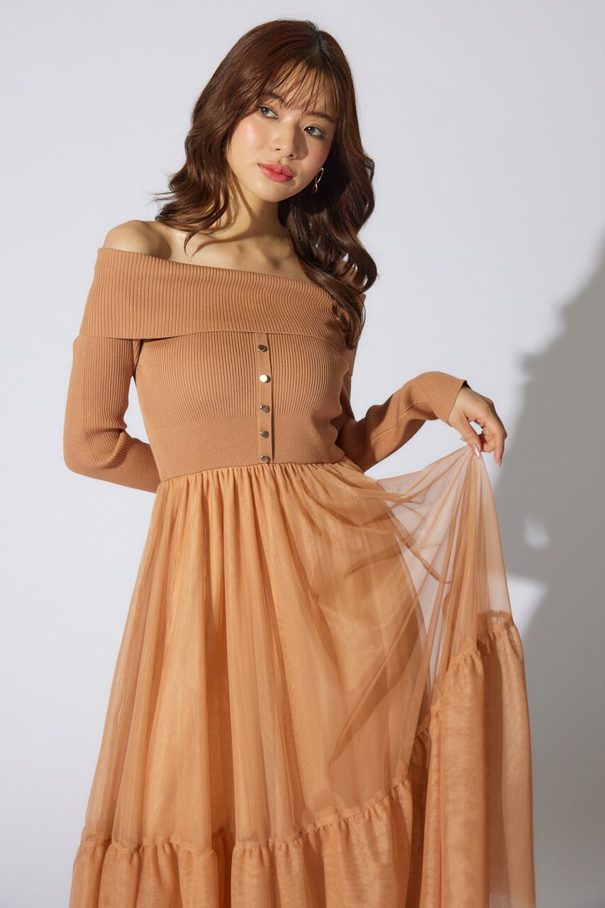 rienda「オフショルダーチュールドッキングワンピース」|ワンピース|