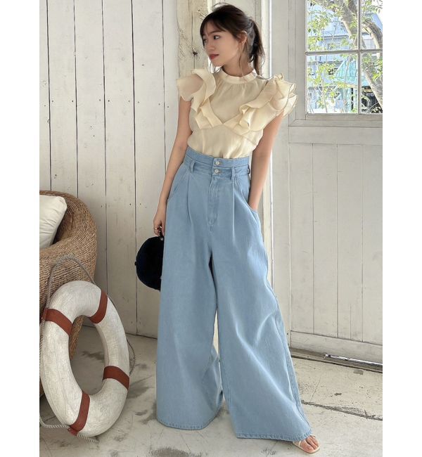 dazzlin「ダブルハイウエストワイドデニムパンツ」|デニム|