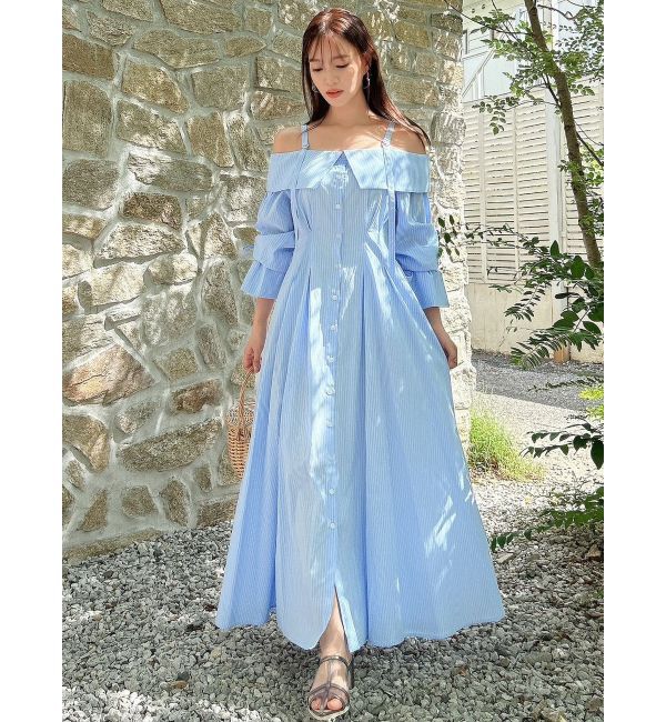 dazzlin「ウエストタックオフショルシャツワンピース」|ワンピース|ブルー