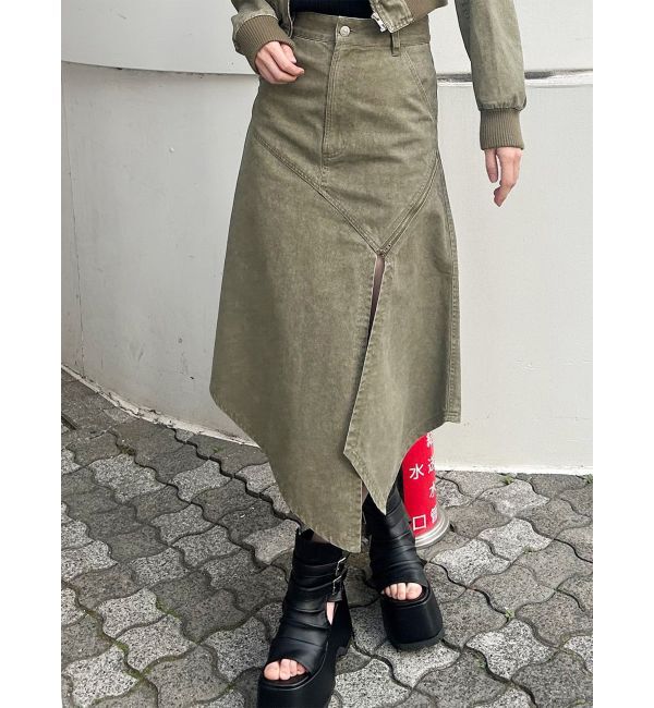 MURUA「【セットアップ対応】ウォッシュアシメラッフルZIPスカート」|スカート|カーキ