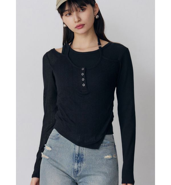 MURUA「オーバーラップトップス」|Tシャツ・カットソー|ブラック