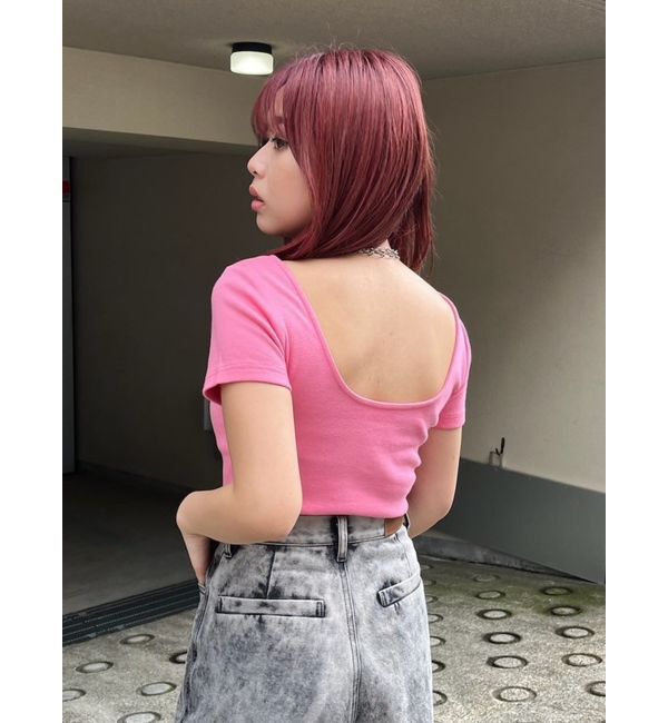 EVRIS「バックオープンリブショートTシャツ」|Tシャツ・カットソー|ピンク