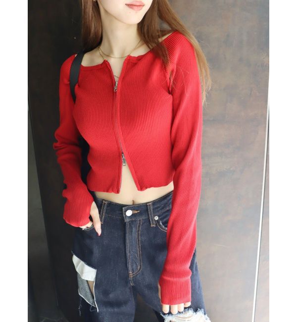 EVRIS「【WEB限定】フロントジップオフショルニット」|ニット・セーター|