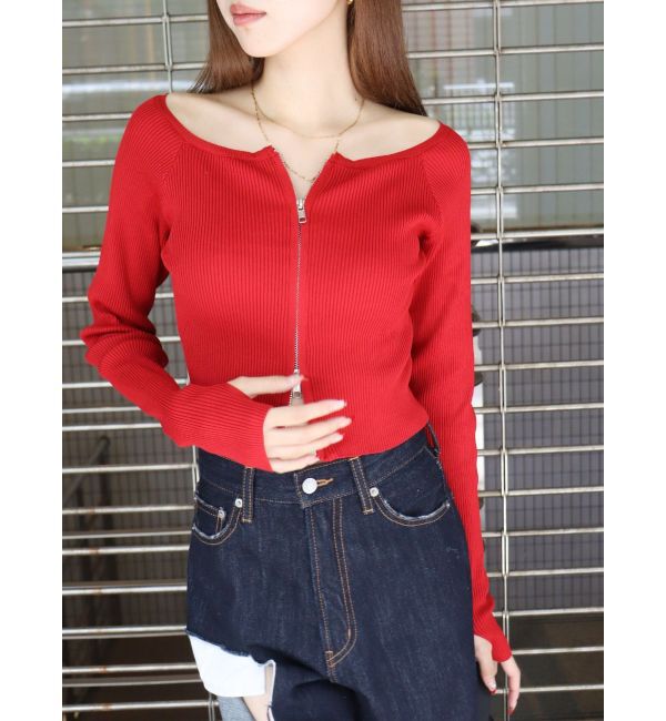 EVRIS「【WEB限定】フロントジップオフショルニット」|ニット・セーター|レッド