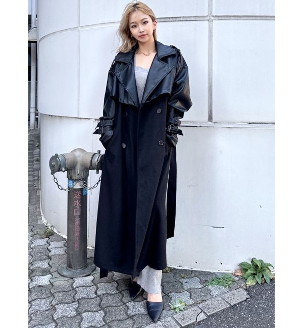 GYDA「フェイクレザーレイヤードトレンチコート」|トレンチコート|
