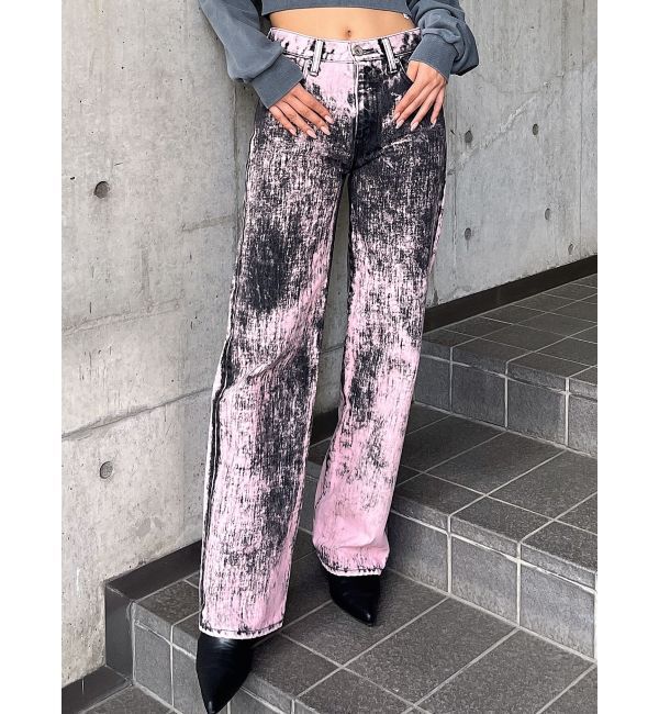 GYDA「ハイウエスト Tie Dyeワイドデニムパンツ」|デニム|ピンク